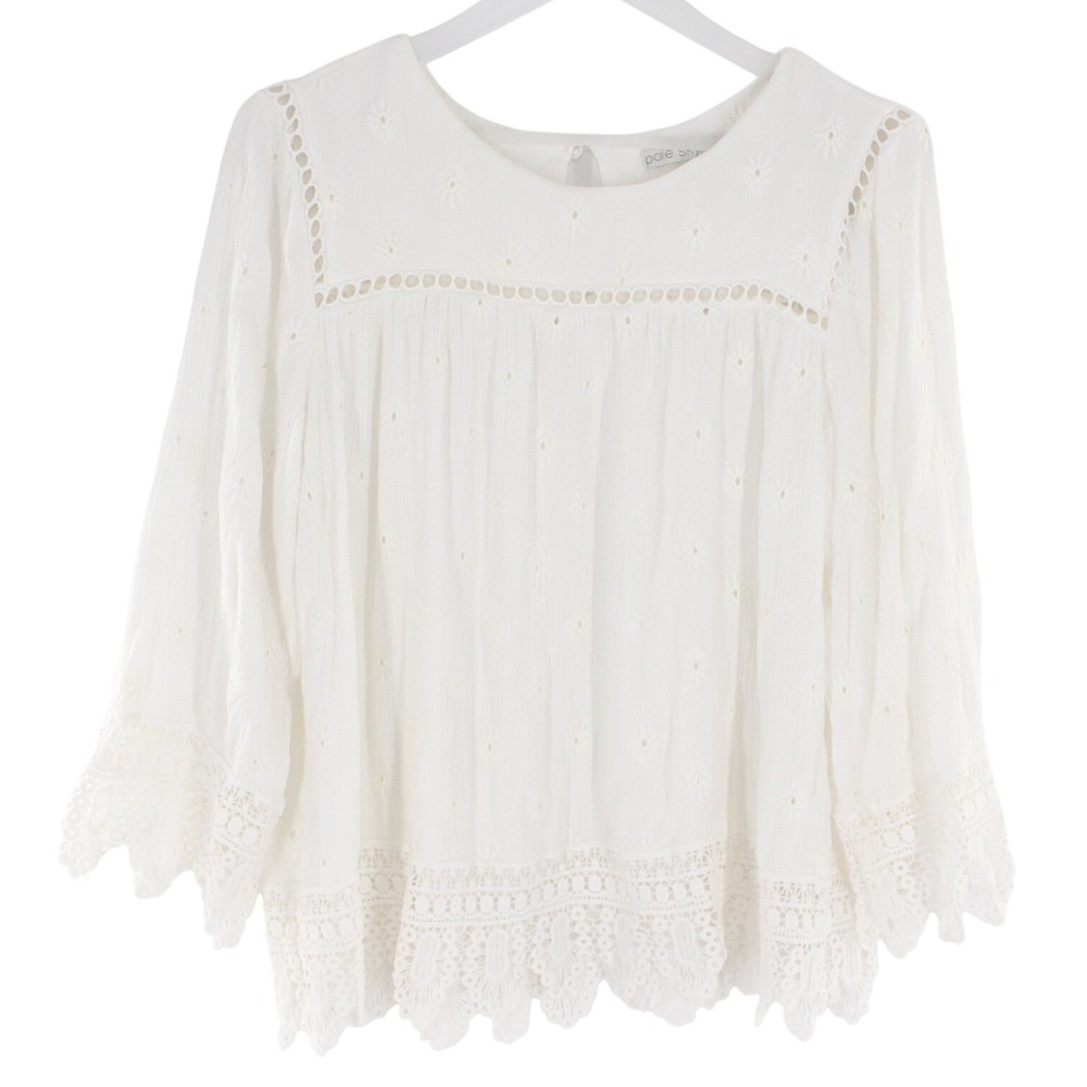 Pale Sky Eyelet Embroidered Lace Trim Blouse Size L White